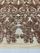 Damask Hearts Sequins - Rose Gold - 4 Way Stretch Design Fancy Heart Shape Fabric On Mesh