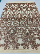 Damask Hearts Sequins - Rose Gold - 4 Way Stretch Design Fancy Heart Shape Fabric On Mesh