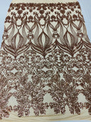 Damask Hearts Sequins - Rose Gold - 4 Way Stretch Design Fancy Heart Shape Fabric On Mesh