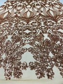 Damask Hearts Sequins - Rose Gold - 4 Way Stretch Design Fancy Heart Shape Fabric On Mesh