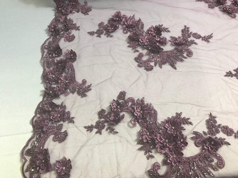 Floral - Mauve - 3D Beaded Embroidery Fabric with Rhinestones - Beautiful Design by The Yard