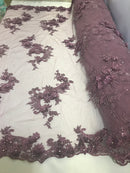 Floral - Mauve - 3D Beaded Embroidery Fabric with Rhinestones - Beautiful Design by The Yard
