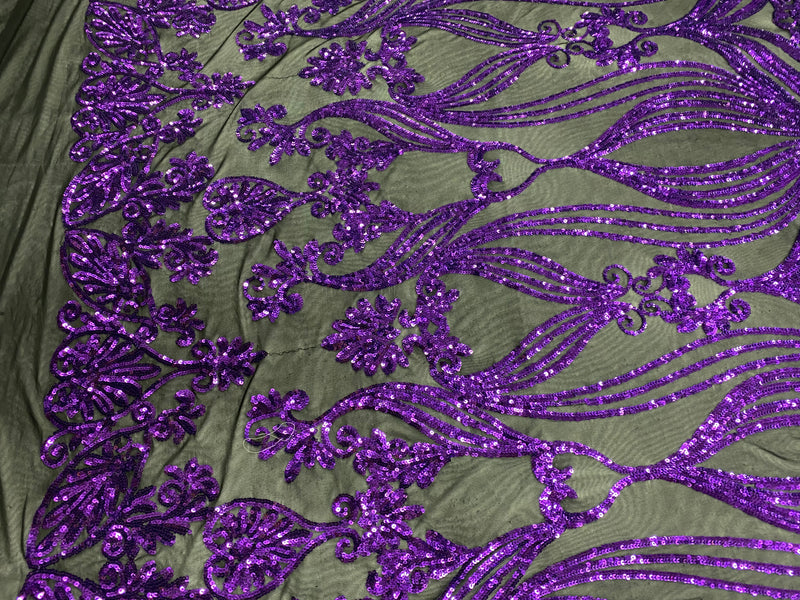 Damask Hearts Sequins - Purple on Black Mesh - 4 Way Stretch Design Fancy Fabric On Mesh