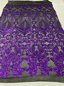 Damask Hearts Sequins - Purple on Black Mesh - 4 Way Stretch Design Fancy Fabric On Mesh
