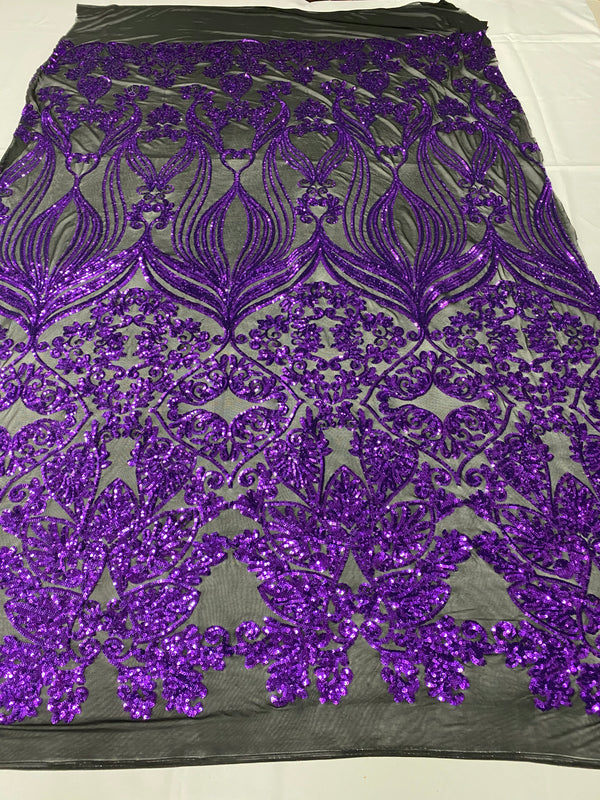 Damask Hearts Sequins - Purple on Black Mesh - 4 Way Stretch Design Fancy Fabric On Mesh