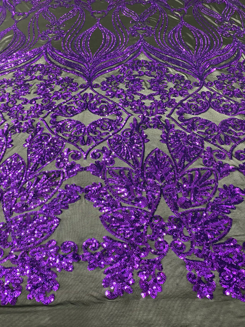 Damask Hearts Sequins - Purple on Black Mesh - 4 Way Stretch Design Fancy Fabric On Mesh