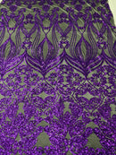 Damask Hearts Sequins - Purple on Black Mesh - 4 Way Stretch Design Fancy Fabric On Mesh