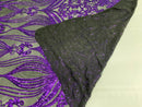 Damask Hearts Sequins - Purple on Black Mesh - 4 Way Stretch Design Fancy Fabric On Mesh