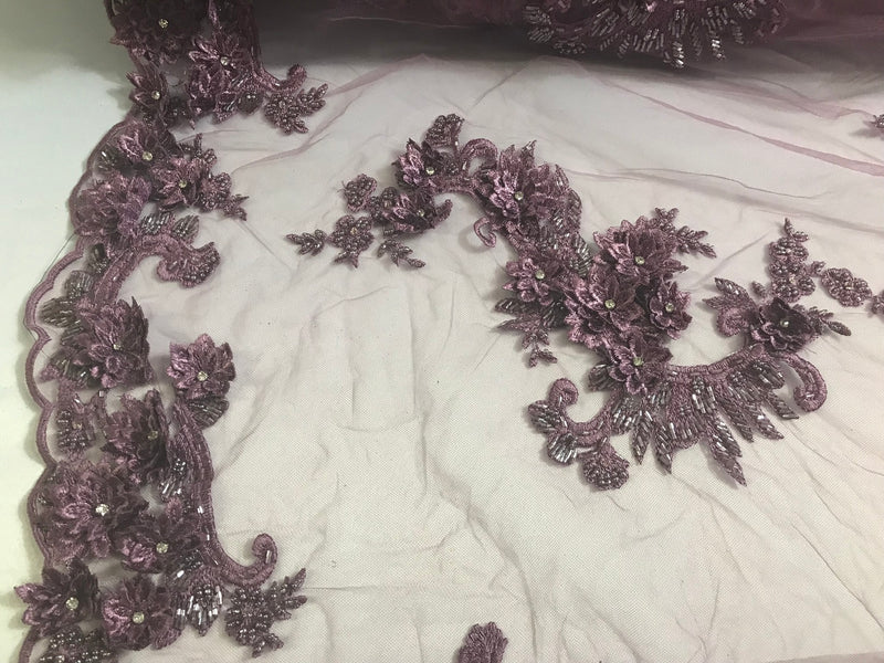 Floral - Mauve - 3D Beaded Embroidery Fabric with Rhinestones - Beautiful Design by The Yard