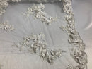 Floral - White - 3D Beaded Embroidery Fabric with Rhinestones - Beautiful Design by The Yard