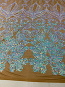 Damask Hearts Sequins - Iridescent Aqua - 4 Way Stretch Design Fancy Heart Shape Fabric On Mesh