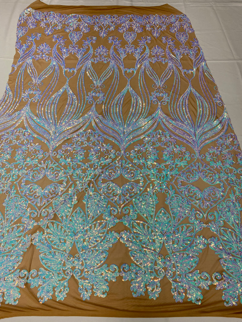 Damask Hearts Sequins - Iridescent Aqua - 4 Way Stretch Design Fancy Heart Shape Fabric On Mesh