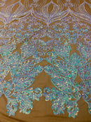 Damask Hearts Sequins - Iridescent Aqua - 4 Way Stretch Design Fancy Heart Shape Fabric On Mesh