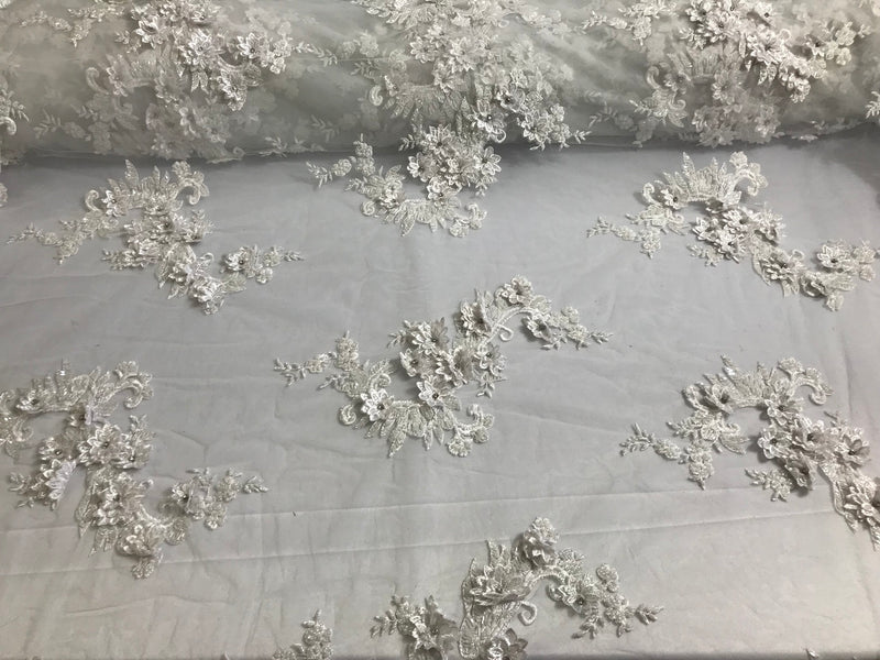 Floral - White - 3D Beaded Embroidery Fabric with Rhinestones - Beautiful Design by The Yard