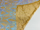 Damask Hearts Sequins - Iridescent Aqua - 4 Way Stretch Design Fancy Heart Shape Fabric On Mesh