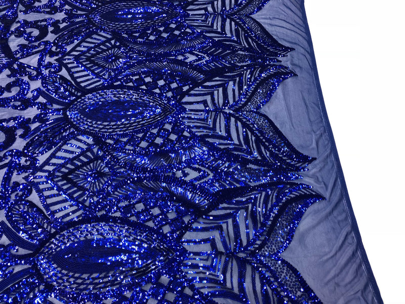 Fabric 4 Way Stretch By The Yard - Royal Sequins - Embroidered Mesh Design Fabric By The Yard