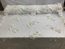 Floral - White - 3D Beaded Embroidery Fabric with Rhinestones - Beautiful Design by The Yard