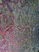 Damask Hearts Sequins - Iridescent Rainbow - 4 Way Stretch Design Fancy Heart Shape Fabric On Mesh