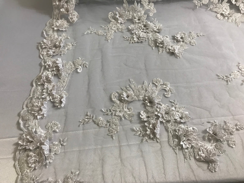 Floral - White - 3D Beaded Embroidery Fabric with Rhinestones - Beautiful Design by The Yard