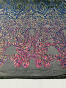 Damask Hearts Sequins - Iridescent Rainbow - 4 Way Stretch Design Fancy Heart Shape Fabric On Mesh