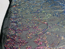 Damask Hearts Sequins - Iridescent Rainbow - 4 Way Stretch Design Fancy Heart Shape Fabric On Mesh