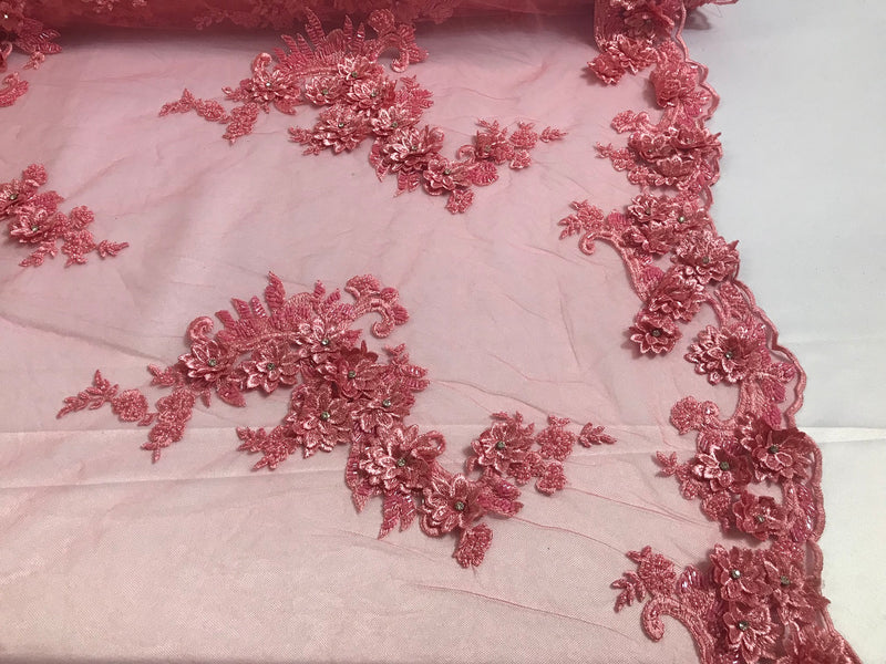 Floral - Coral Pink  - 3D Beaded Embroidery Fabric with Rhinestones - Beautiful Design by The Yard