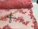 Floral - Coral Pink  - 3D Beaded Embroidery Fabric with Rhinestones - Beautiful Design by The Yard