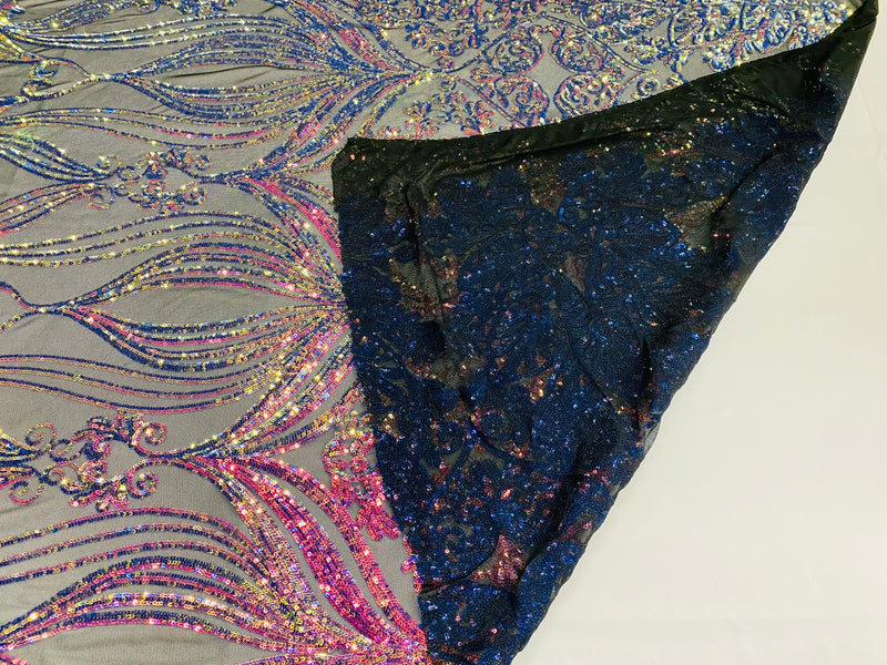 Damask Hearts Sequins - Iridescent Rainbow - 4 Way Stretch Design Fancy Heart Shape Fabric On Mesh