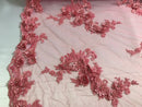 Floral - Coral Pink  - 3D Beaded Embroidery Fabric with Rhinestones - Beautiful Design by The Yard