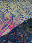 Damask Hearts Sequins - Iridescent Rainbow - 4 Way Stretch Design Fancy Heart Shape Fabric On Mesh