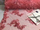 Floral - Coral Pink  - 3D Beaded Embroidery Fabric with Rhinestones - Beautiful Design by The Yard