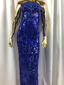Fabric 4 Way Stretch By The Yard - Royal Sequins - Embroidered Mesh Design Fabric By The Yard