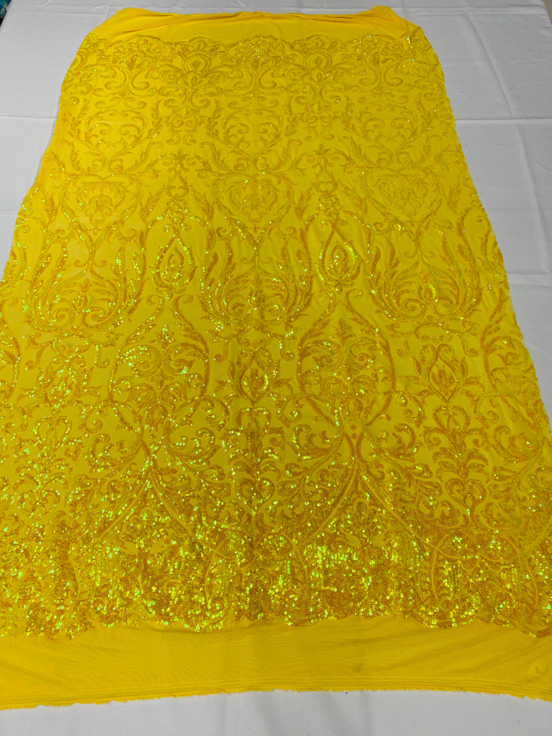 Damask Decor Sequins - Iridescent Yellow - 4 Way Stretch Design High Quality Fabric On Mesh