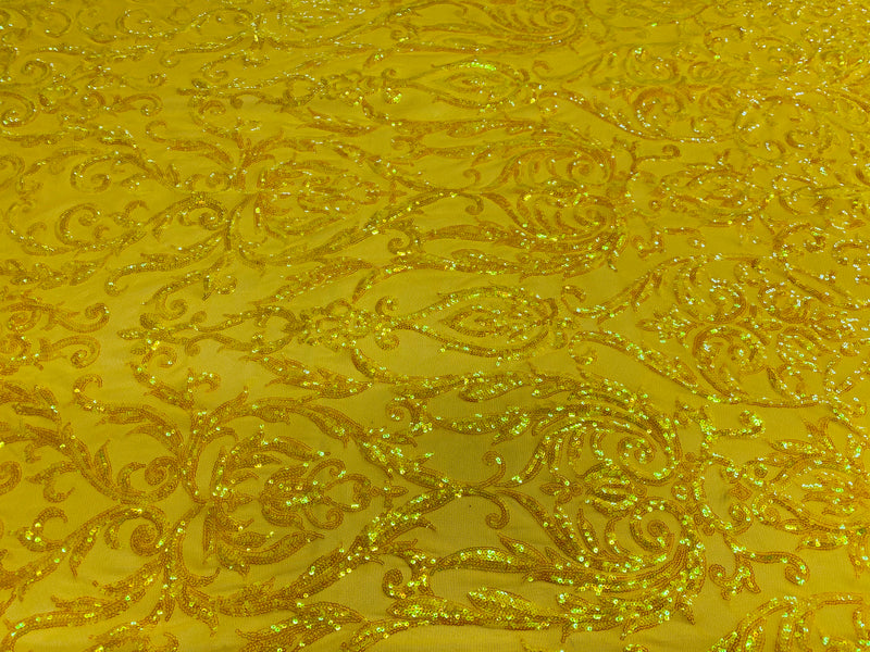 Damask Decor Sequins - Iridescent Yellow - 4 Way Stretch Design High Quality Fabric On Mesh