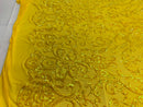 Damask Decor Sequins - Iridescent Yellow - 4 Way Stretch Design High Quality Fabric On Mesh