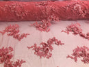 Floral - Coral Pink  - 3D Beaded Embroidery Fabric with Rhinestones - Beautiful Design by The Yard
