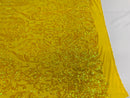 Damask Decor Sequins - Iridescent Yellow - 4 Way Stretch Design High Quality Fabric On Mesh
