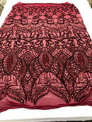 Fabric 4 Way Stretch By The Yard - Burgundy - Embroidered Mesh Fabric Sold By The Yard