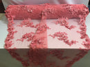 Floral - Coral Pink  - 3D Beaded Embroidery Fabric with Rhinestones - Beautiful Design by The Yard