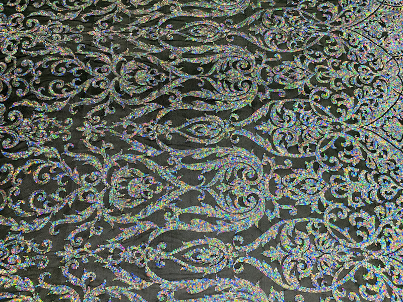 Damask Decor Sequins - Iridescent Silver on Black Mesh - 4 Way Stretch Design High Quality Fabric