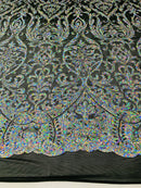 Damask Decor Sequins - Iridescent Silver on Black Mesh - 4 Way Stretch Design High Quality Fabric