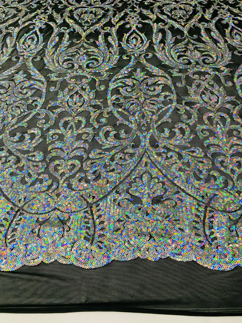 Damask Decor Sequins - Iridescent Silver on Black Mesh - 4 Way Stretch Design High Quality Fabric