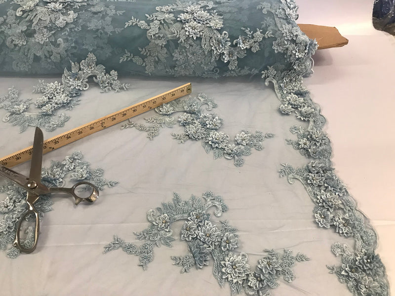 Floral - Baby Blue - 3D Beaded Embroidery Fabric with Rhinestones - Beautiful Design by The Yard