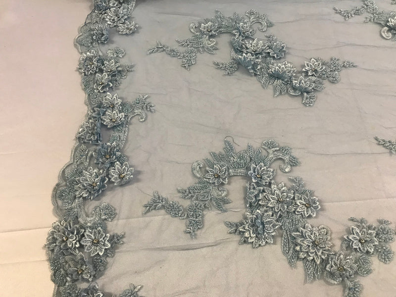 Floral - Baby Blue - 3D Beaded Embroidery Fabric with Rhinestones - Beautiful Design by The Yard