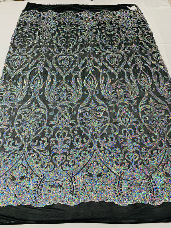 Damask Decor Sequins - Iridescent Silver on Black Mesh - 4 Way Stretch Design High Quality Fabric