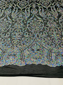 Damask Decor Sequins - Iridescent Silver on Black Mesh - 4 Way Stretch Design High Quality Fabric