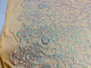 Damask Decor Sequins - Iridescent Clear Pink - 4 Way Stretch Design High Quality Fabric On Mesh