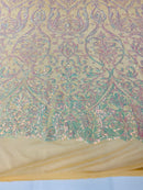 Damask Decor Sequins - Iridescent Clear Pink - 4 Way Stretch Design High Quality Fabric On Mesh