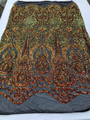 Orange Iridescent Sequin, 4 Way Stretch Damask Design Fabric On Stretch Mesh By The Yard