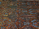 Orange Iridescent Sequin, 4 Way Stretch Damask Design Fabric On Stretch Mesh By The Yard